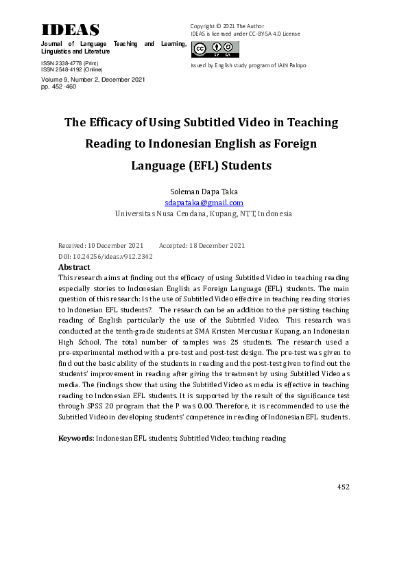 (PDF) The Efficacy of Using Subtitled Video in Teaching Reading to ...