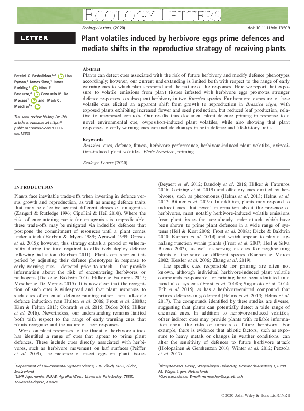 (PDF) Plant volatiles induced by herbivore eggs prime defences and ...