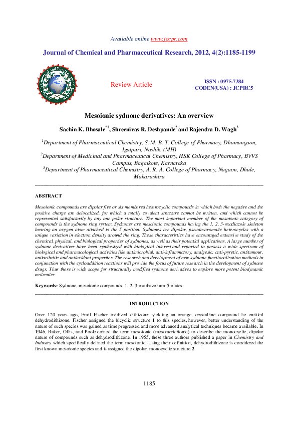 (PDF) Mesoionic sydnone derivatives: An overview