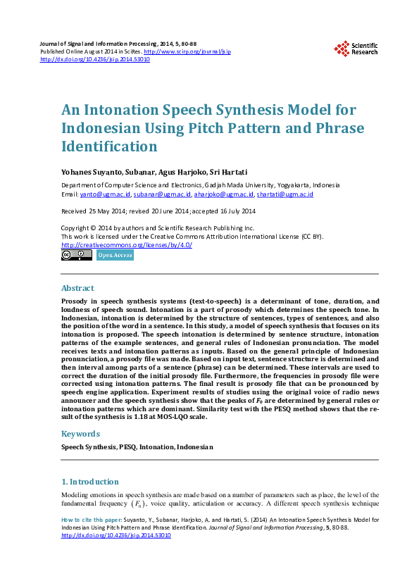 (PDF) An Intonation Speech Synthesis Model for Indonesian Using Pitch ...
