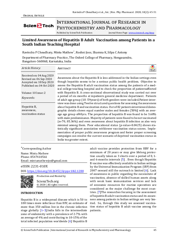 (PDF) Limited Awareness of Hepatitis B Adult Vaccination among Patients ...