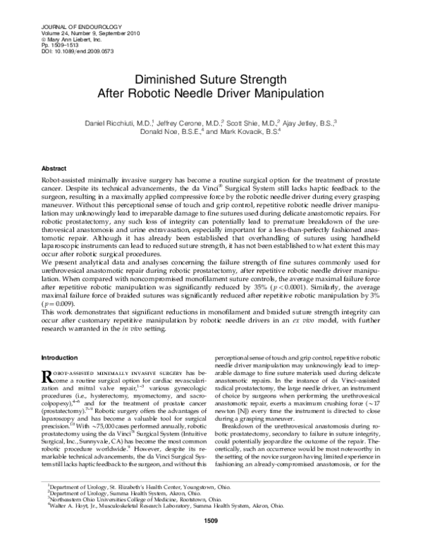 (PDF) Diminished Suture Strength After Robotic Needle Driver Manipulation
