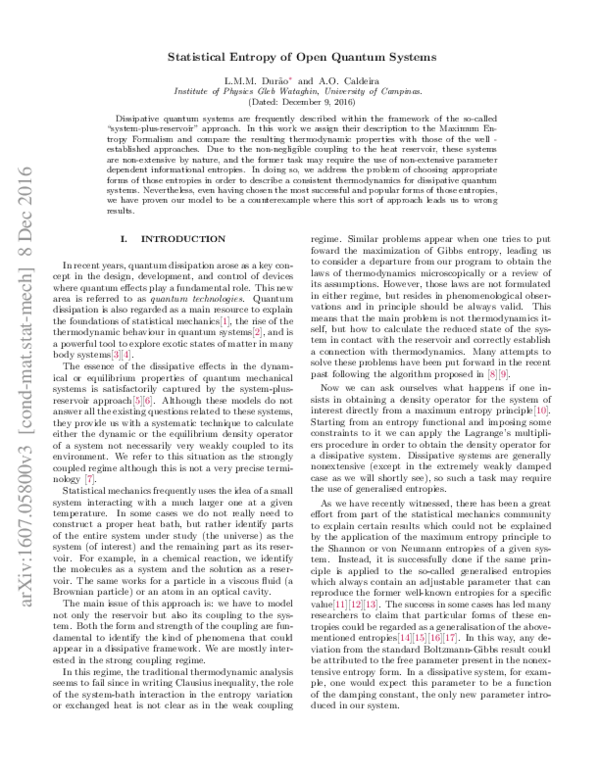 (PDF) Statistical entropy of open quantum systems
