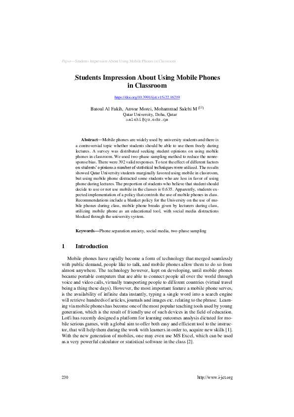 (PDF) Students Impression About Using Mobile Phones in Classroom