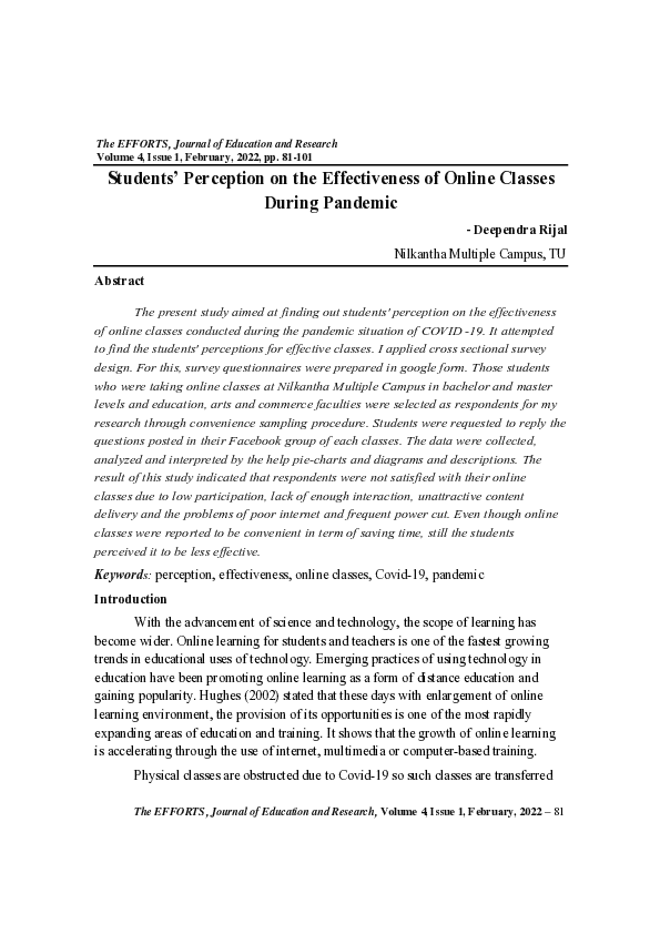 (PDF) Students’ Perception on the Effectiveness of Online Classes ...