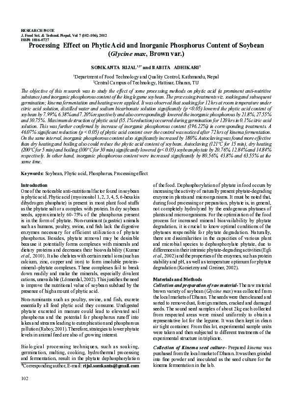(PDF) Processing Effect on Phytic Acid and Inorganic Phosphorus Content ...