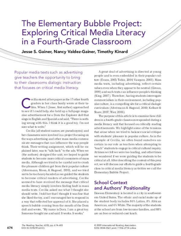 (PDF) The Elementary Bubble Project: Exploring Critical Media Literacy ...