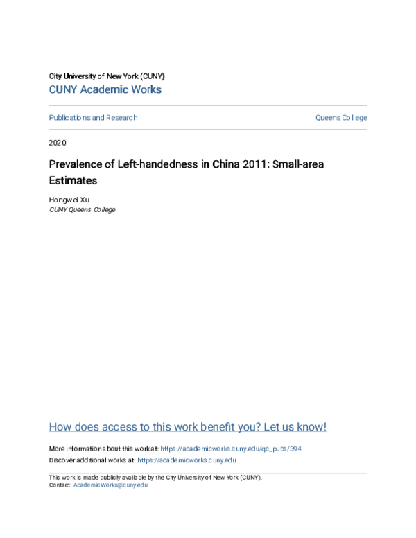 (PDF) Prevalence of left-handedness in China 2011: small-area estimates