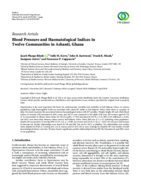 (PDF) Blood Pressure and Haematological Indices in Twelve Communities ...