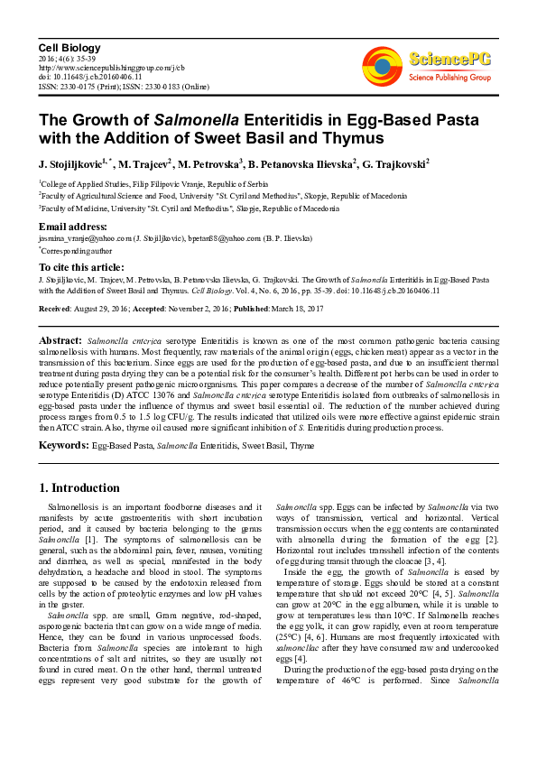 (PDF) The Growth of Salmonella Enteritidis in Egg-Based Pasta with the ...