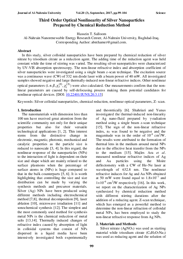 (PDF) Third Order Optical Nonlinearity of Silver Nanoparticles Prepared ...