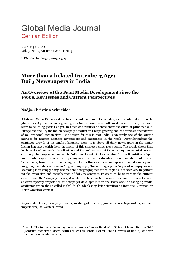 (PDF) More Than a Belated Gutenberg Age Daily Newspapers in India