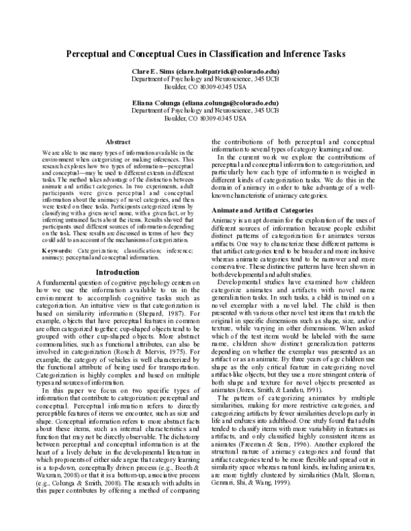(PDF) Perceptual and Conceptual Cues in Classification and Inference Tasks