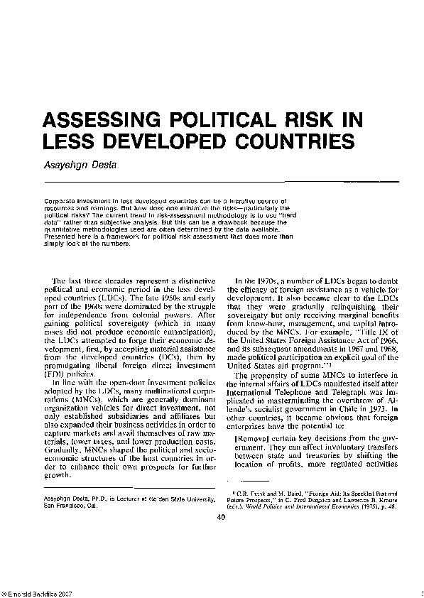 (PDF) Assessing Political Risk in Less Developed Countries