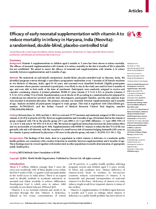 (PDF) Efficacy of early neonatal supplementation with vitamin A to ...