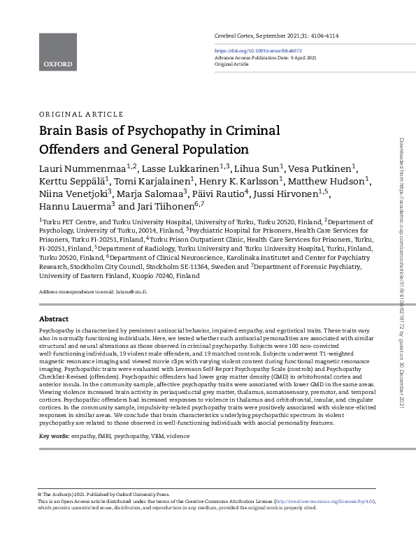  PDF Brain Basis Of Psychopathy In Criminal Offenders And General Population Matthew Hudson 