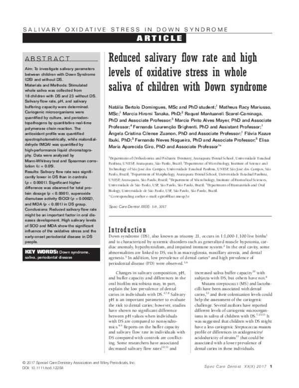 (PDF) Reduced salivary flow rate and high levels of oxidative stress in