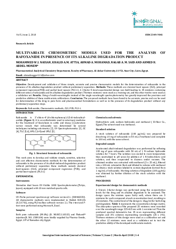 (PDF) Multivariate Chemometric Models Used for the Analysis of ...