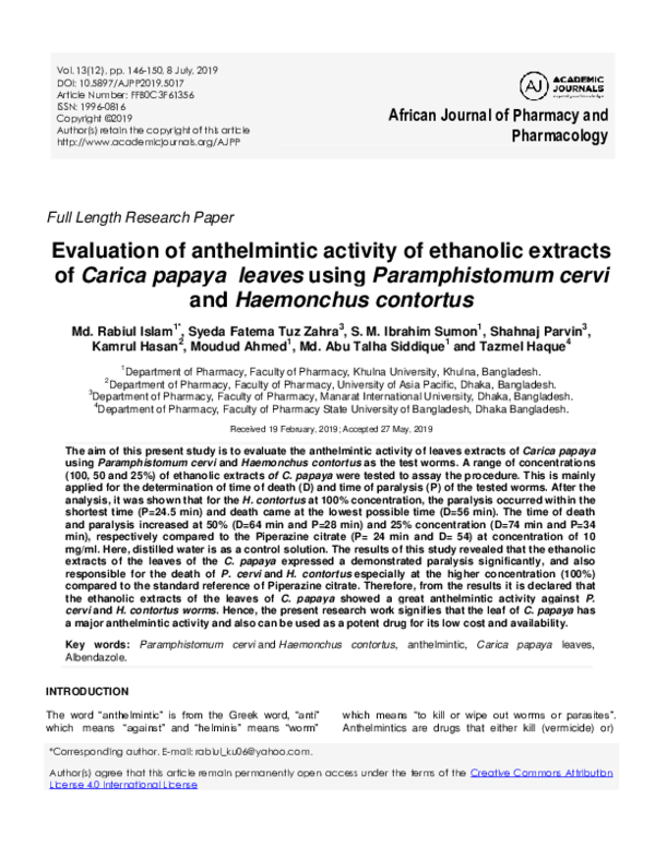 (PDF) In-vitro anthelmintic activity of three Bangladeshi plants ...