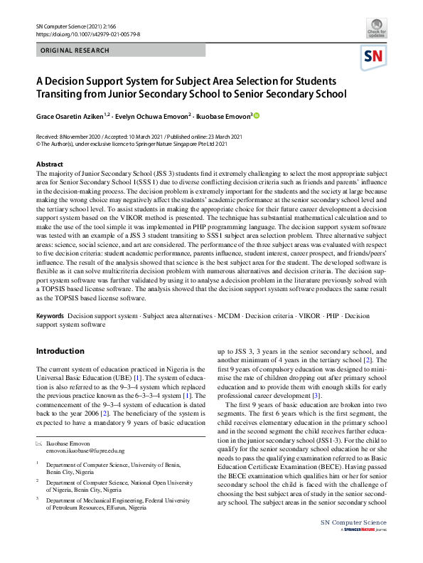 (PDF) A Decision Support System for Subject Area Selection for Students ...