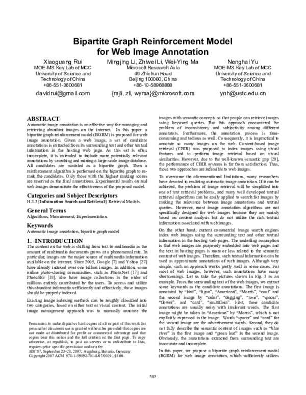 (PDF) Bipartite graph reinforcement model for web image annotation