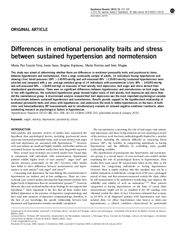 (PDF) Differences in emotional personality traits and stress between ...