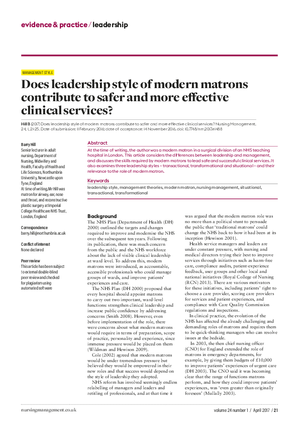 (PDF) Does leadership style of modern matrons contribute to safer and ...