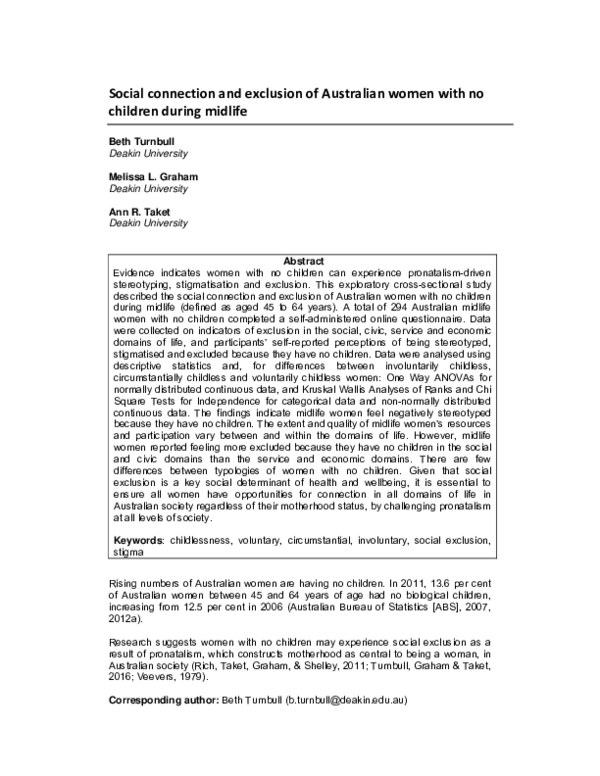 (PDF) Social connection and exclusion of Australian women with no ...