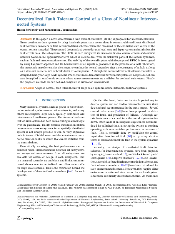 (PDF) Decentralized Fault Tolerant Control of a Class of Interconnected ...