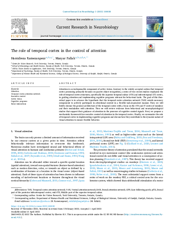 (PDF) The role of temporal cortex in the control of attention