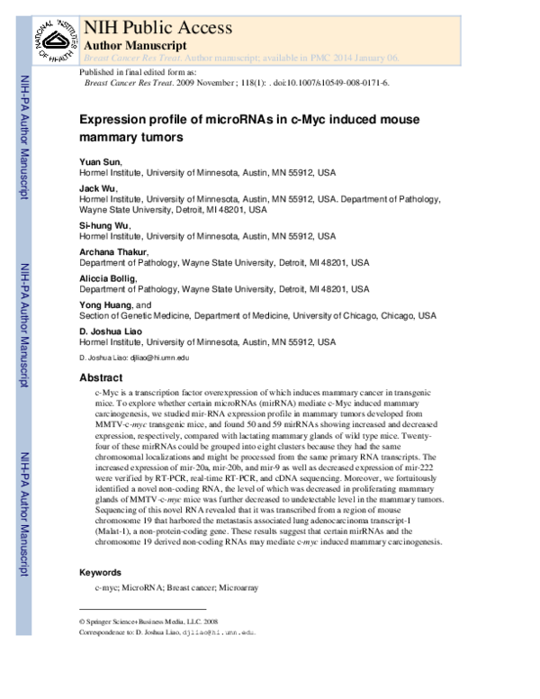 (PDF) Expression profile of microRNAs in c-Myc induced mouse mammary tumors