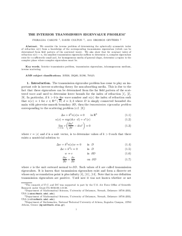 (PDF) The Interior Transmission Eigenvalue Problem