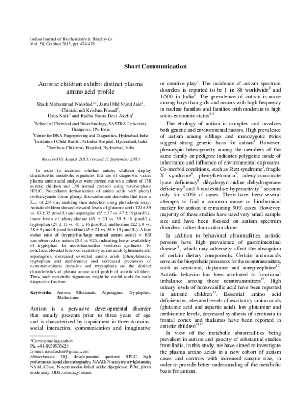 (PDF) Autistic children exhibit distinct plasma amino acid profile