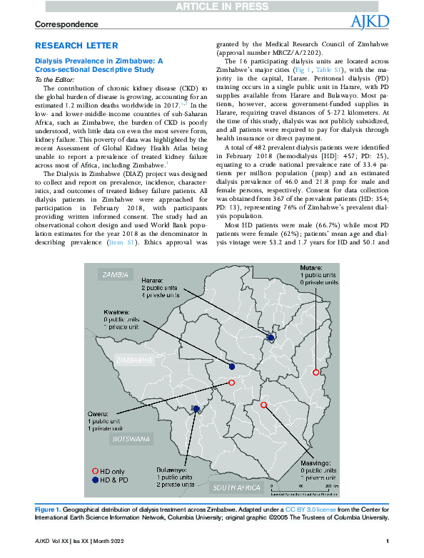 (PDF) Dialysis Prevalence in Zimbabwe A Crosssectional Descriptive