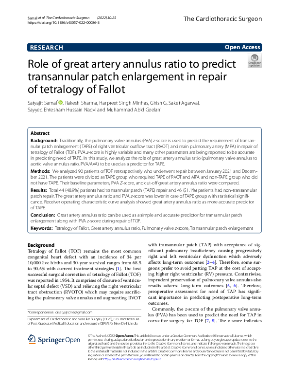 (PDF) Role of great artery annulus ratio to predict transannular patch ...
