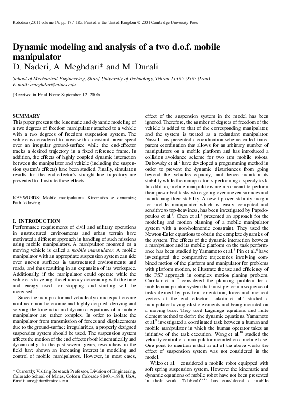 (PDF) Dynamic modeling and analysis of a two d.o.f. mobile manipulator