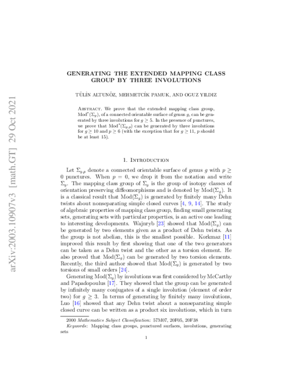 (PDF) Generating the Extended Mapping Class Group by Three Involutions
