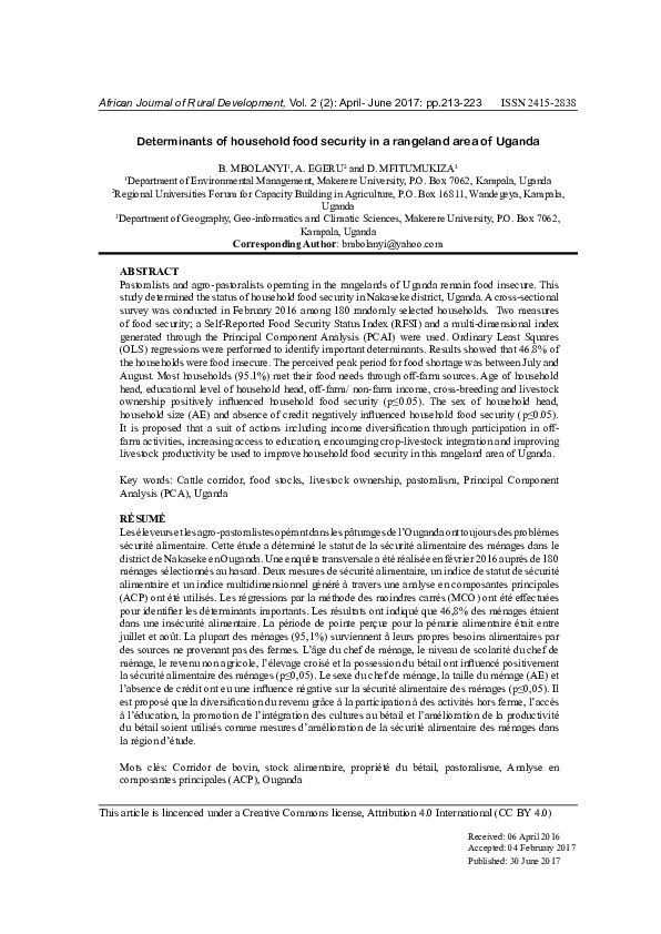 (PDF) Determinants of household food security in a rangeland area of Uganda