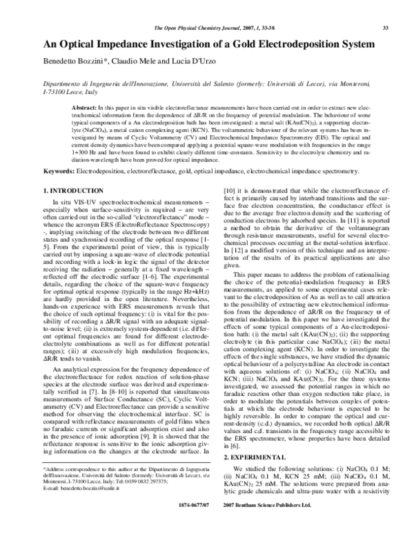 (PDF) An Optical Impedance Investigation of a Gold Electrodeposition System