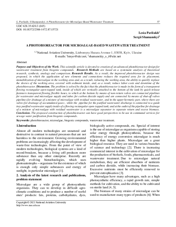 (PDF) Photobioreactor for Microalgae-Based Wastewater Treatment