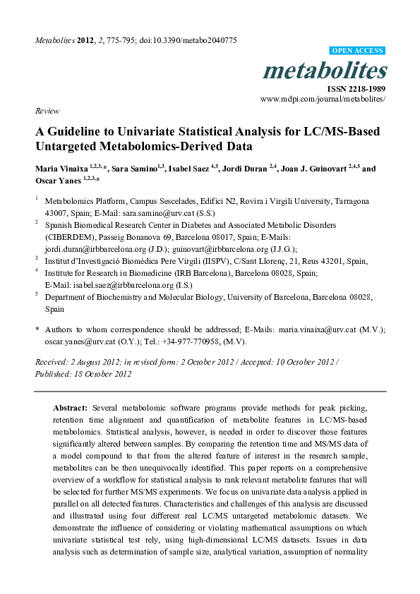 (PDF) Review A Guideline to Univariate Statistical Analysis for LC/MS-Based