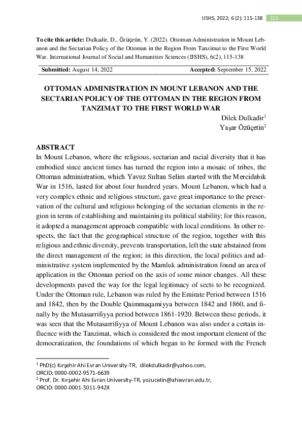 (PDF) Ottoman Administration in Mount Lebanon and the Sectarian Policy