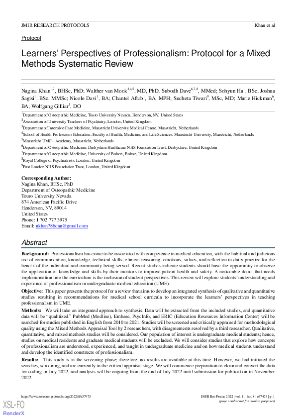 (PDF) Learners’ Perspectives of Professionalism: Protocol for a Mixed ...