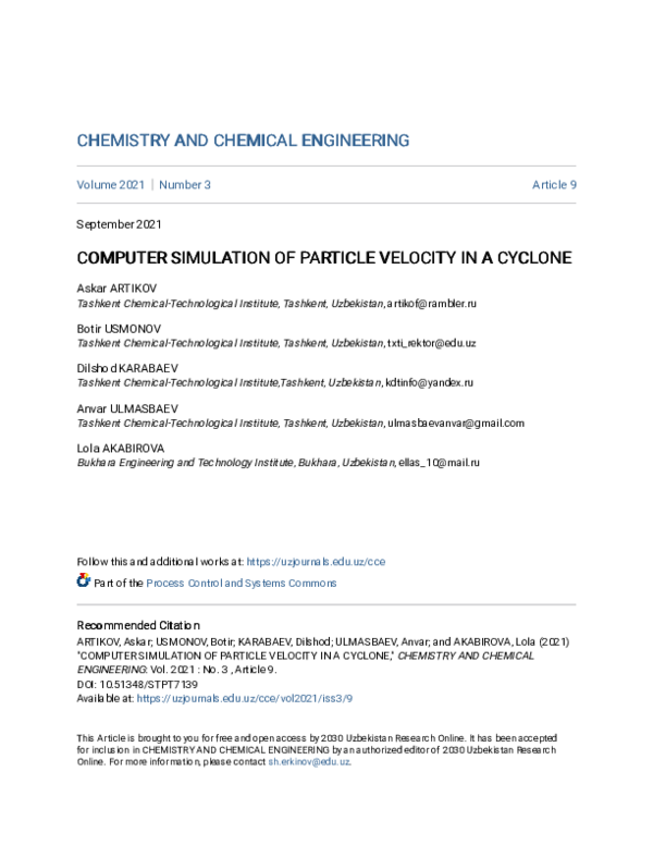(PDF) Computer Simulation of Particle Velocity in a Cyclone