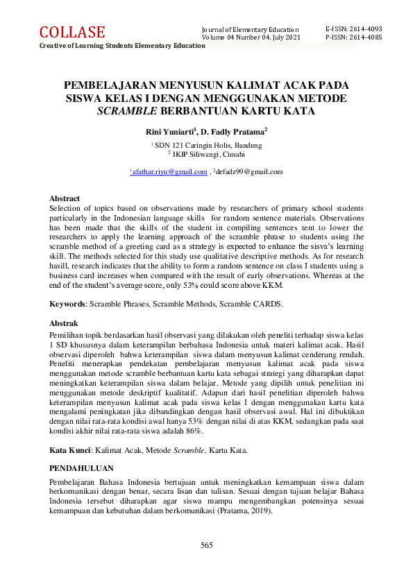 (PDF) Pembelajaran Menyusun Kalimat Acak Pada Siswa Kelas I Dengan ...