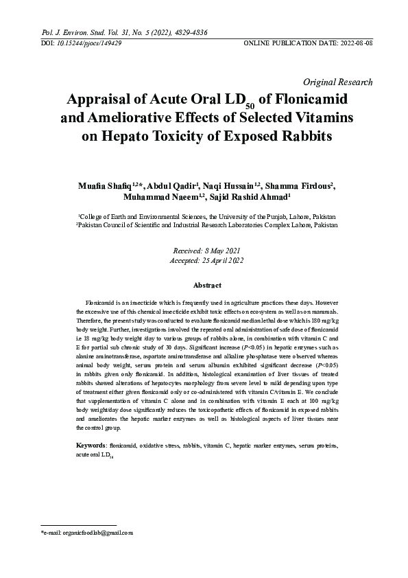(PDF) Appraisal of Acute Oral LD50 of Flonicamid and Ameliorative ...