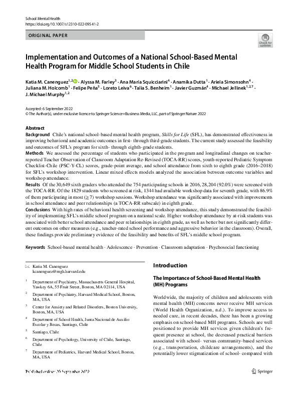 (PDF) Implementation and Outcomes of a National School-Based Mental ...
