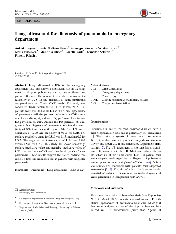(PDF) Lung ultrasound for diagnosis of pneumonia in emergency department