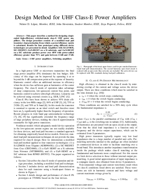 (PDF) Design Method for UHF ClassE Power Amplifiers Nestor roman