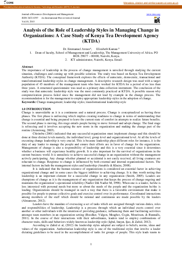 (PDF) Analysis of the Role of Leadership Styles in Managing Change in ...
